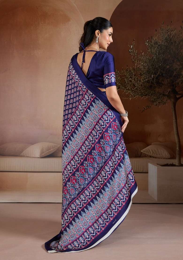 Navy Blue Georgette Saree Set with Printed for Diwali | Wedding & Festive Wear - Indya
