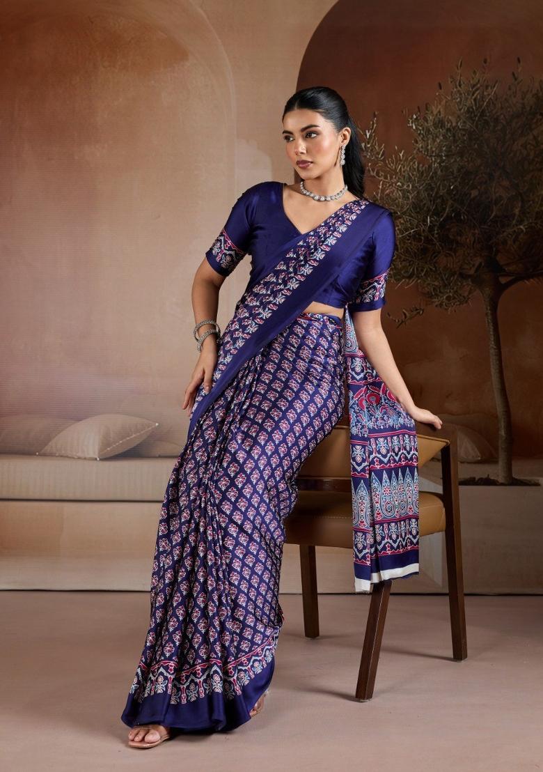 Navy Blue Printed Georgette Saree Set - Indya