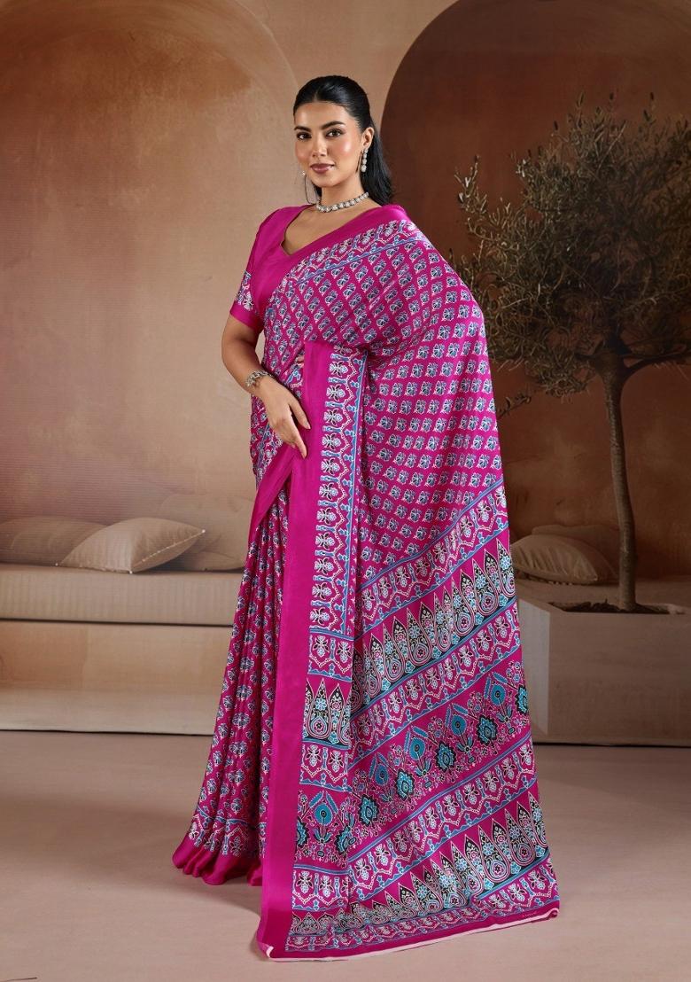 Pink Printed Georgette Saree Set - Indya