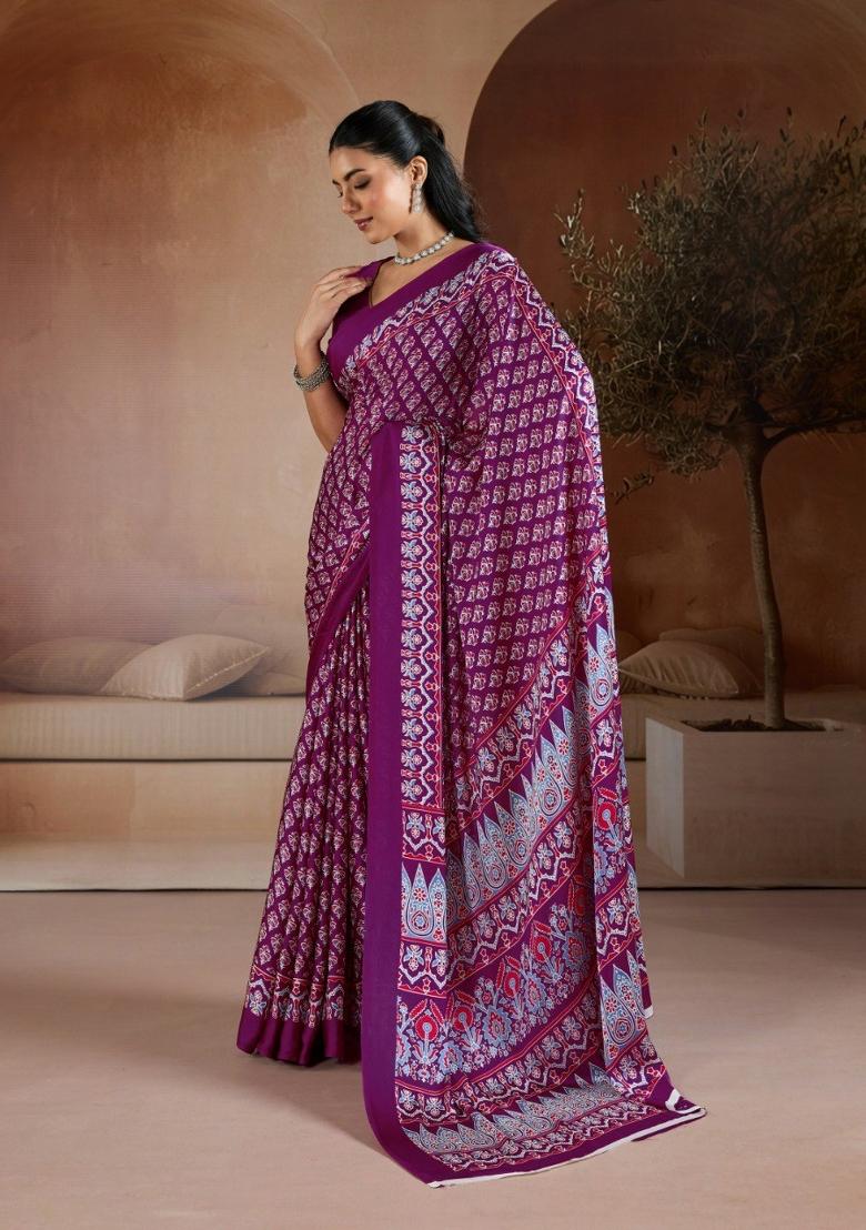 Wine Printed Georgette Saree Set - Indya