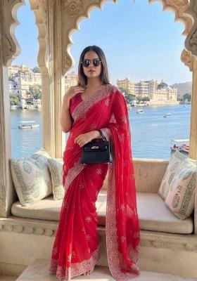 Pink Embroidered Silk Saree Set