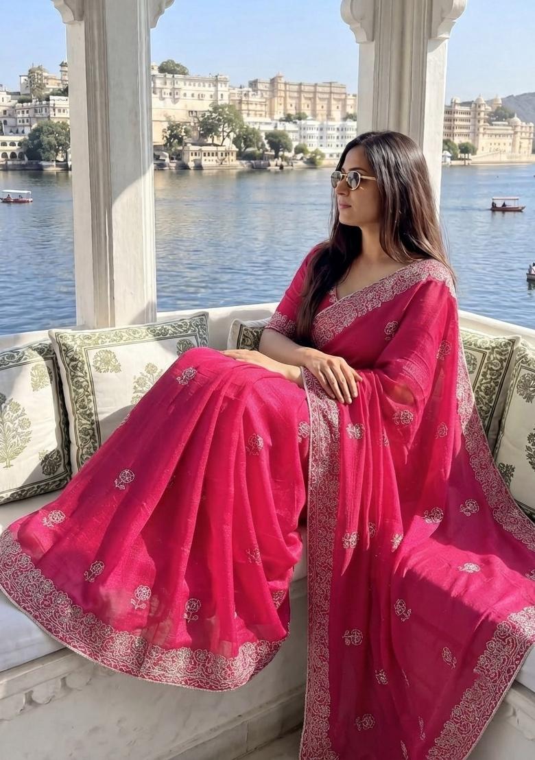 Pink Embroidered Silk Saree Set - Indya