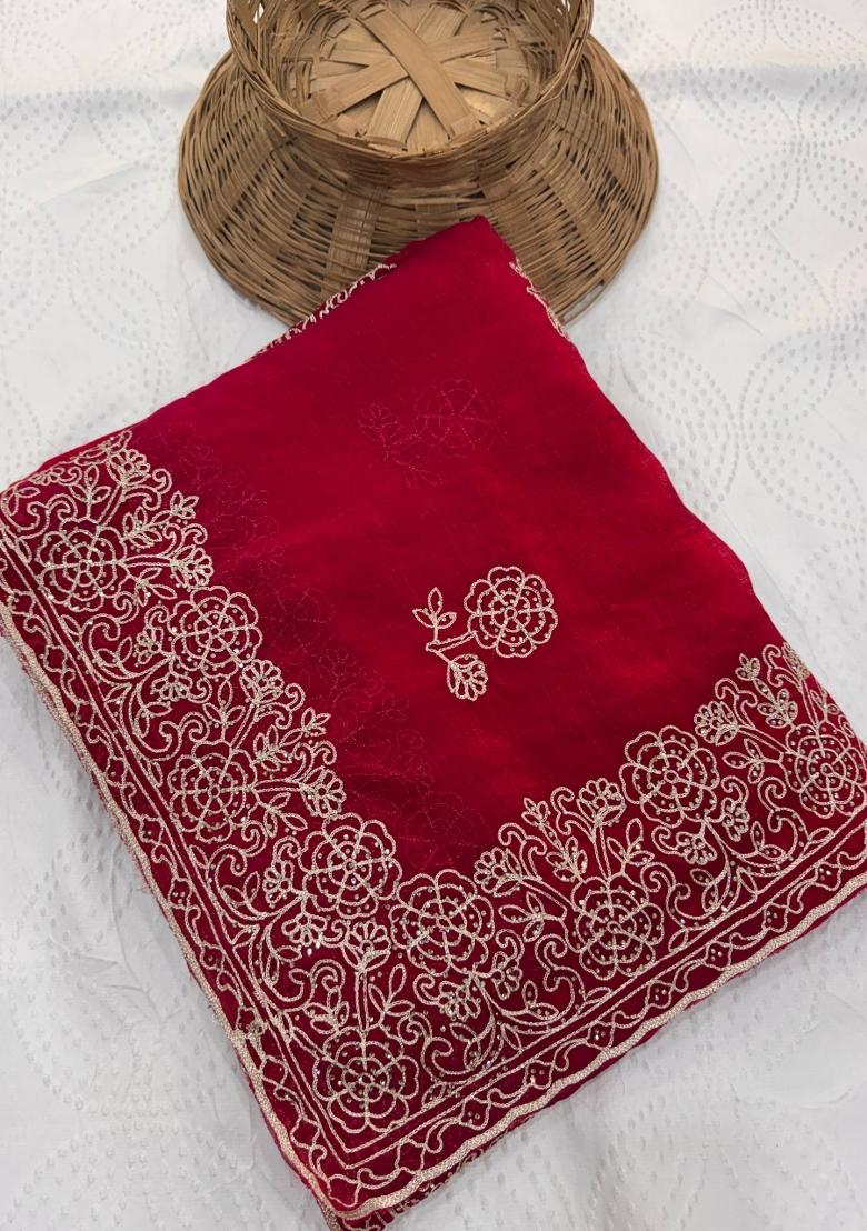 Pink Embroidered Silk Saree Set - Indya