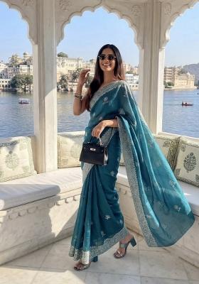 Teal Embroidered Silk Saree Set