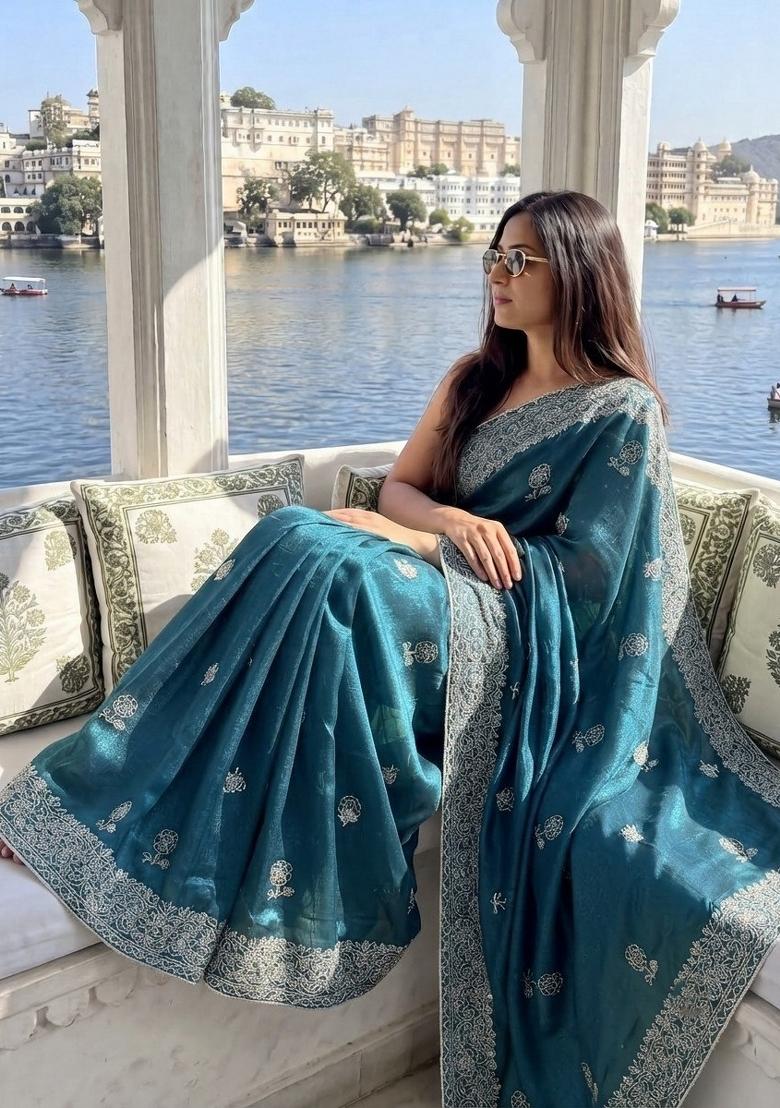 Teal Embroidered Silk Saree Set - Indya