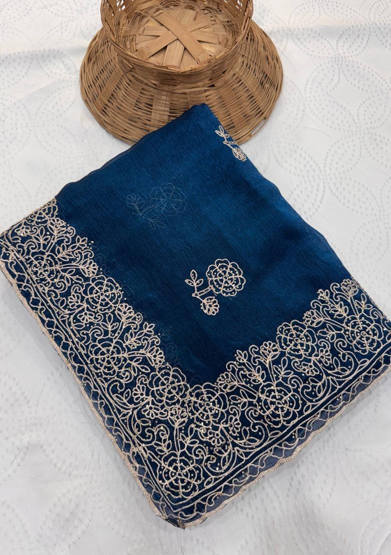Teal Embroidered Silk Saree Set - Indya