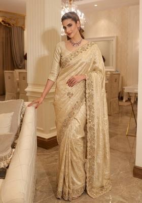 Cream Embroidered Silk Saree Set