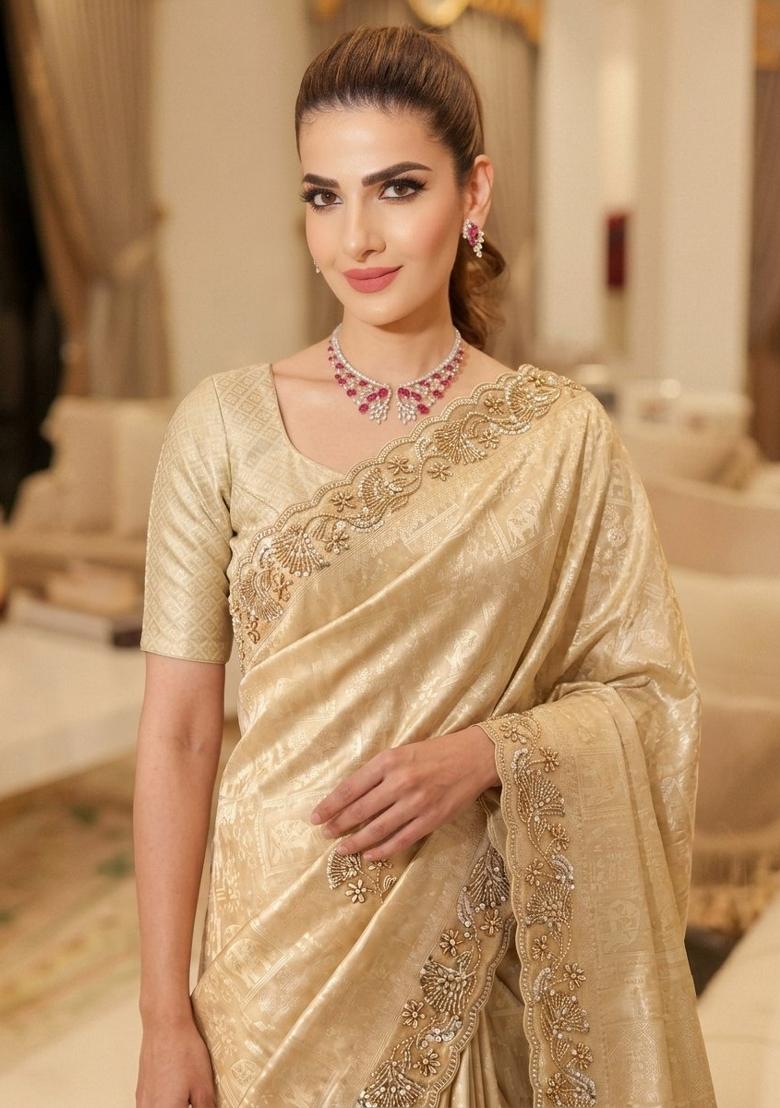 Cream Embroidered Silk Saree Set - Indya
