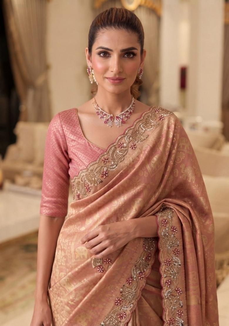 Pink Embroidered Silk Saree Set - Indya
