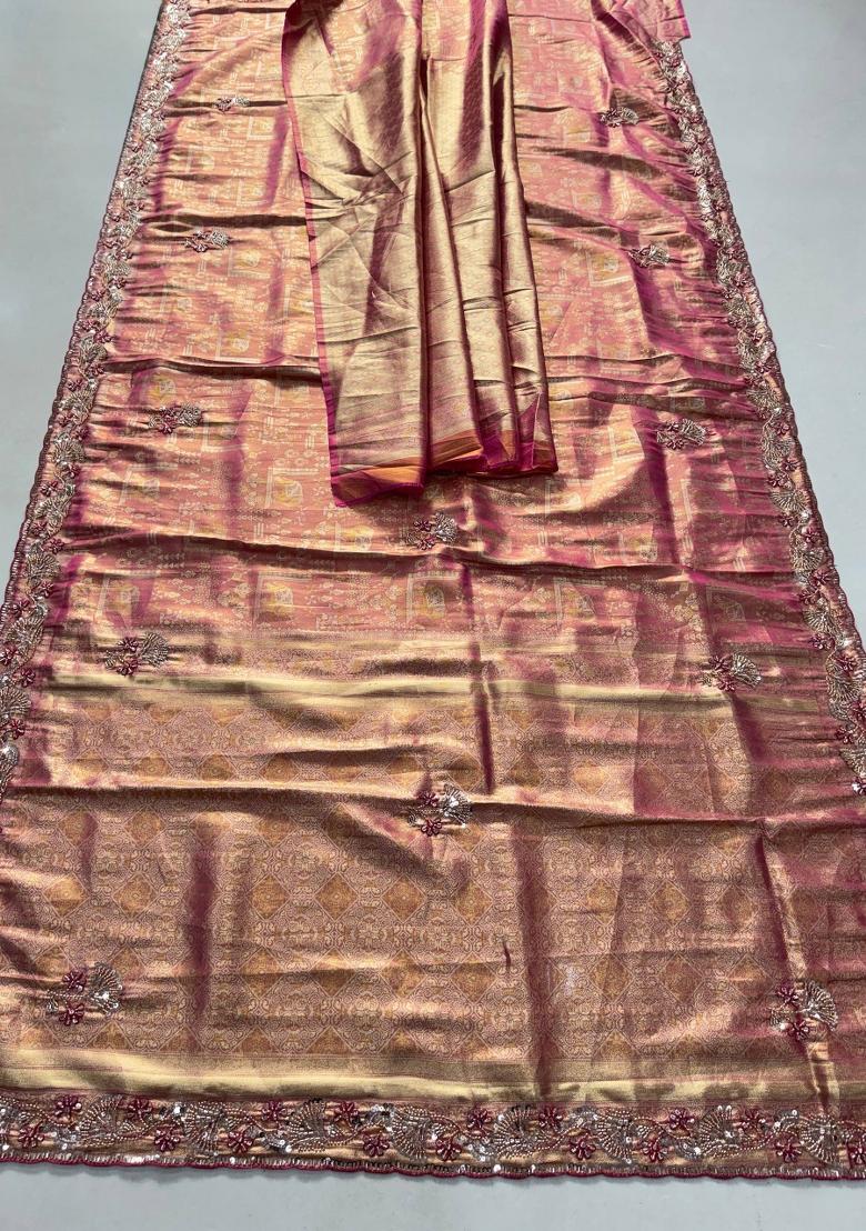 Pink Embroidered Silk Saree Set - Indya