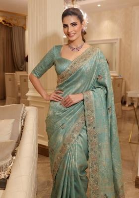 Sky Blue Embroidered Silk Saree Set