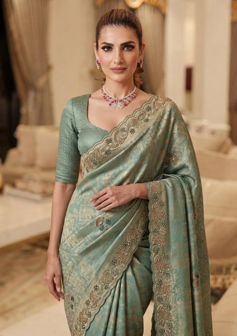 Sky Blue Embroidered Silk Saree Set - Indya