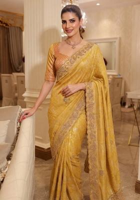 Yellow Embroidered Silk Saree Set