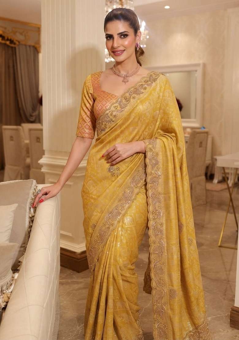 Yellow Embroidered Silk Saree Set - Indya
