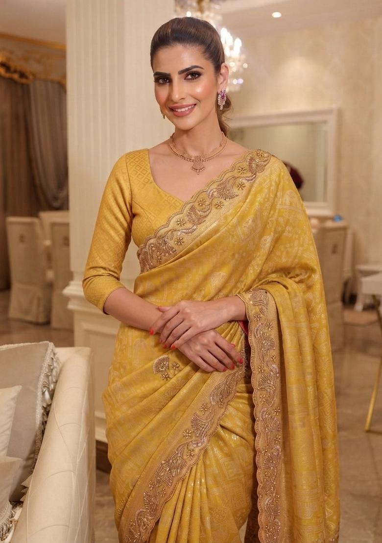 Yellow Embroidered Silk Saree Set - Indya