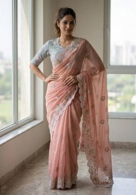 Peach Embroidered Georgette Saree Set