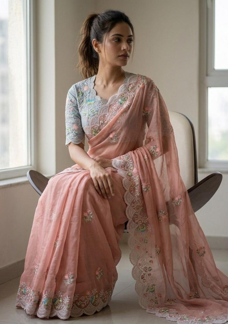 Peach Embroidered Georgette Saree Set - Indya