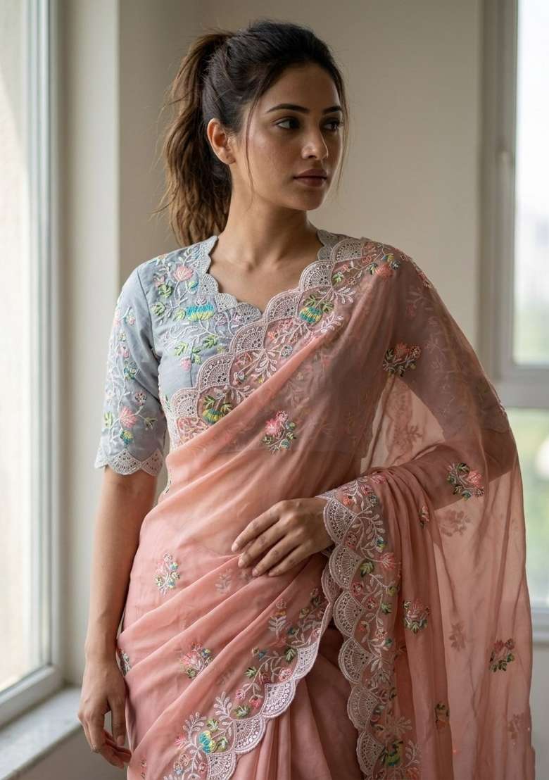Peach Embroidered Georgette Saree Set for Diwali and Festive Wear - Indya