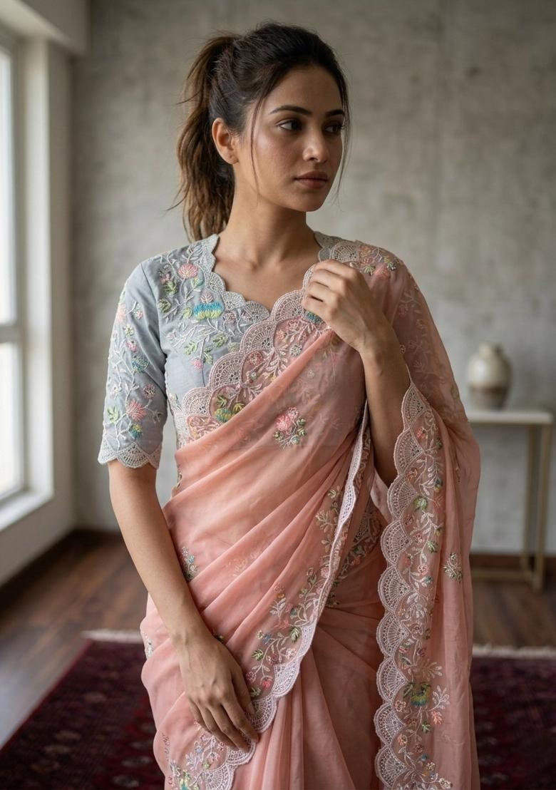 Peach Embroidered Georgette Saree Set - Indya