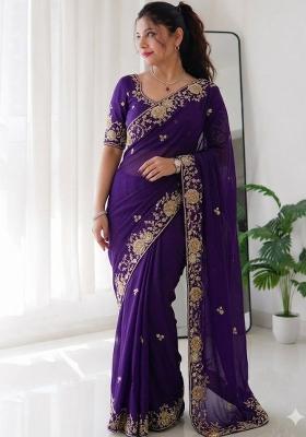 Purple Embroidered Silk Saree Set
