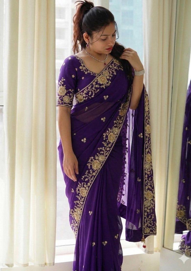 Purple Embroidered Silk Saree Set - Indya