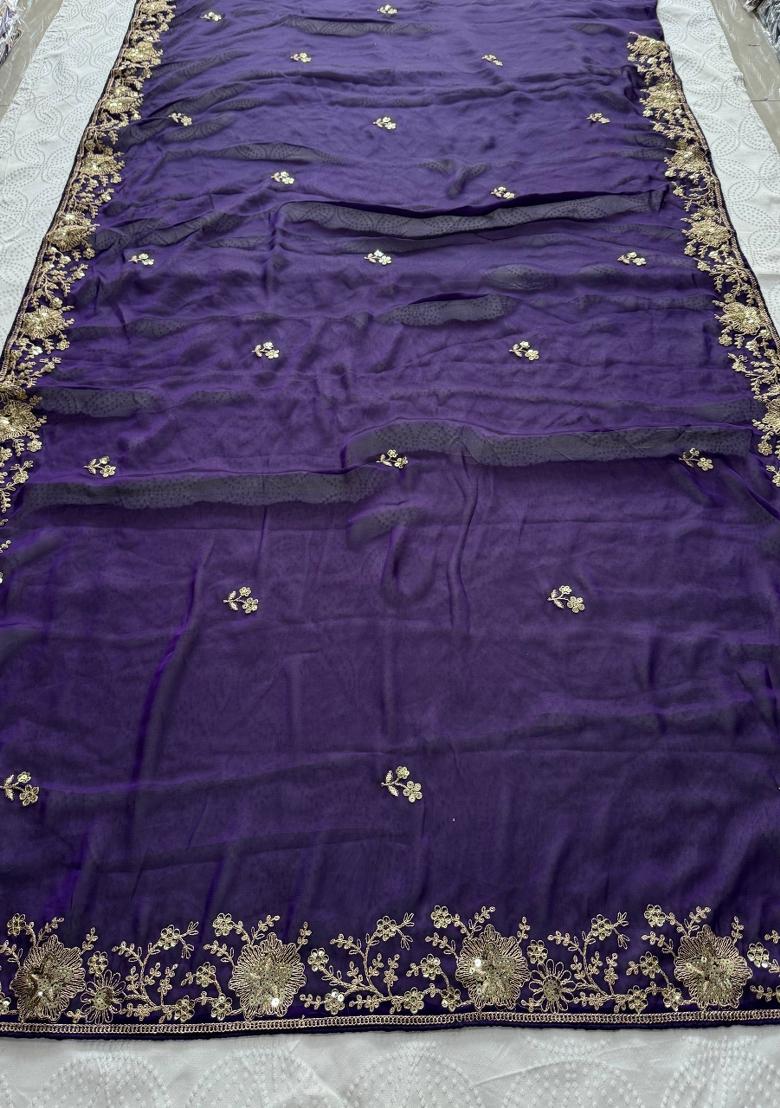 Purple Embroidered Silk Saree Set - Indya