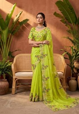 Parrot Green Embroidered Silk Saree Set