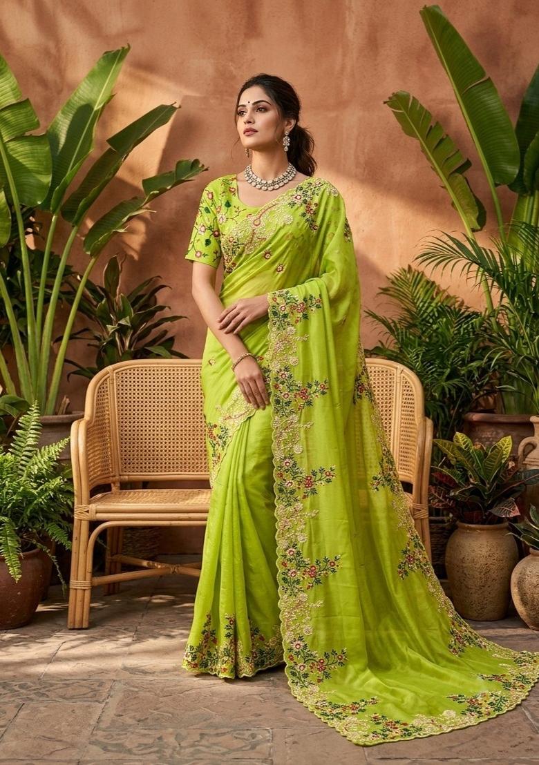 Parrot Green Embroidered Silk Saree Set - Indya
