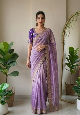 Lavender Embroidered Silk Saree Set