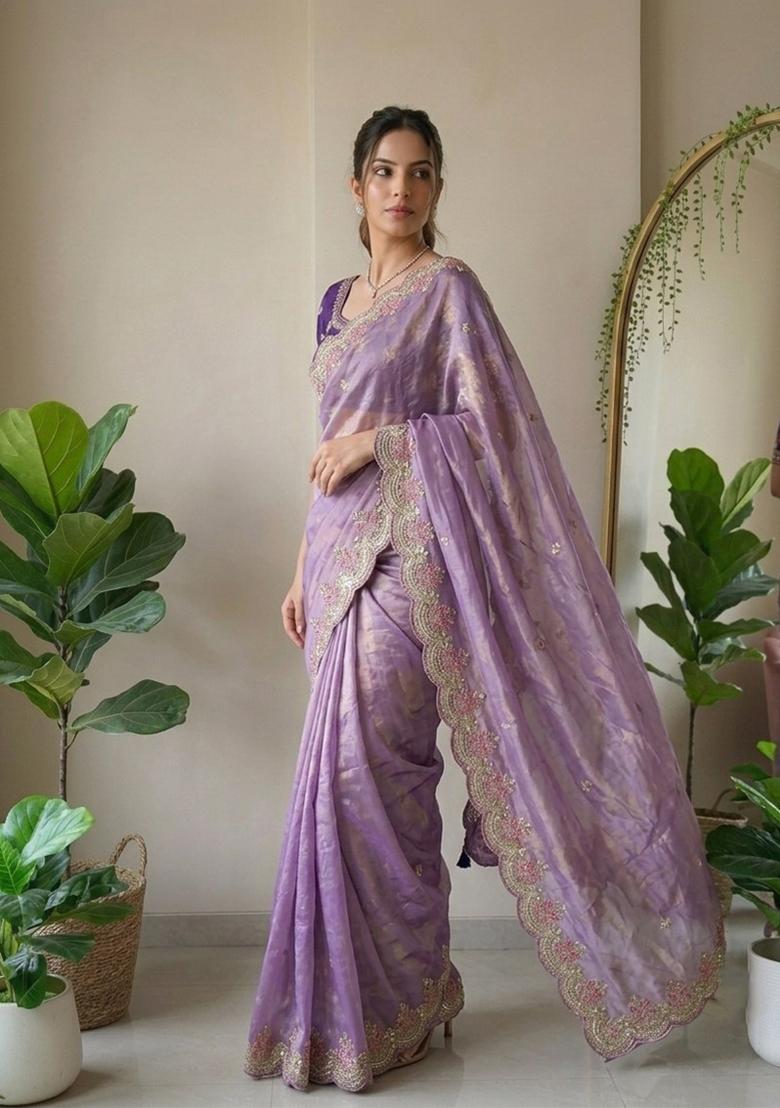 Lavender Embroidered Silk Saree Set - Indya