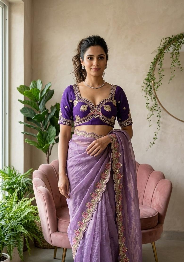 Lavender Embroidered Silk Saree Set - Indya