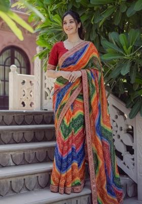 Multicolor Embroidered Silk Saree Set