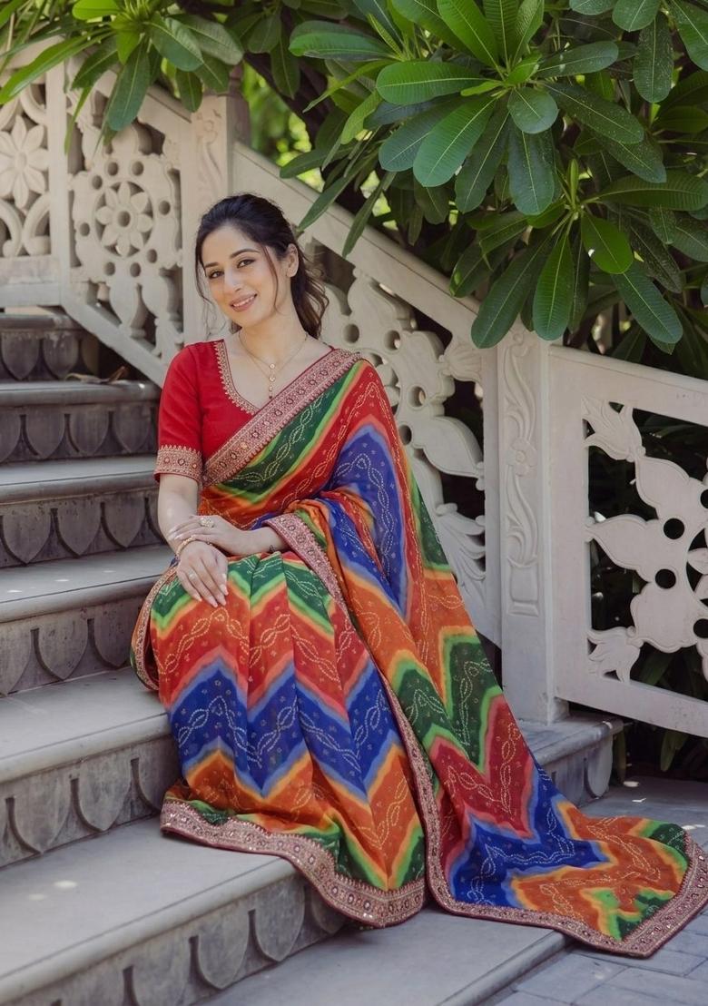 Multicolor Embroidered Silk Saree Set - Indya
