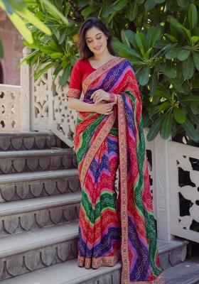Multicolor Embroidered Silk Saree Set