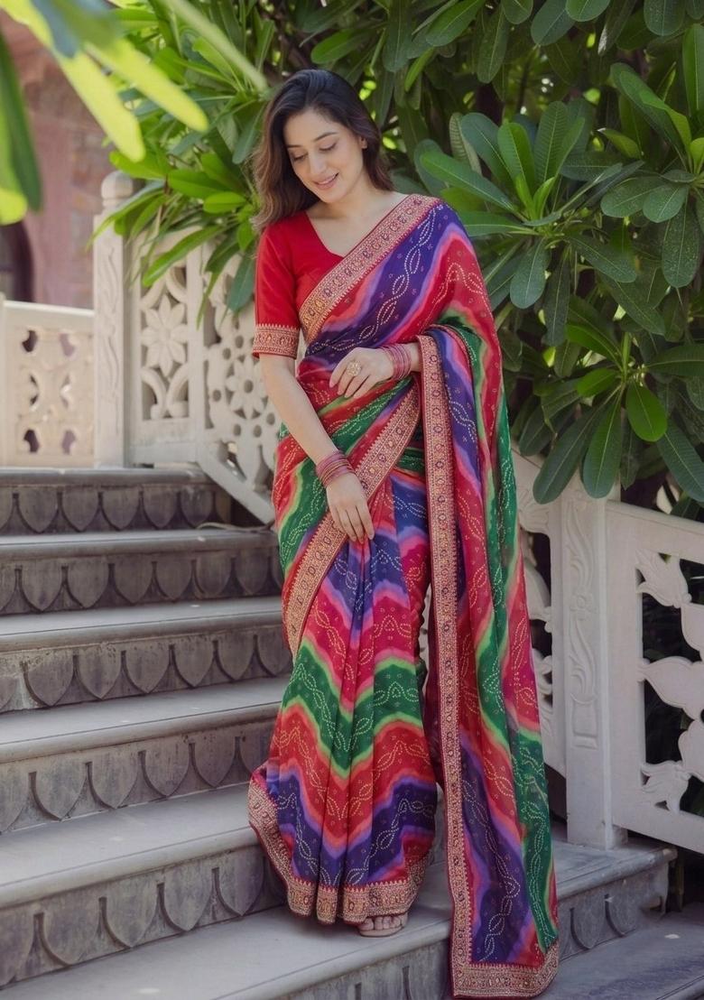 Multicolor Embroidered Silk Saree Set - Indya