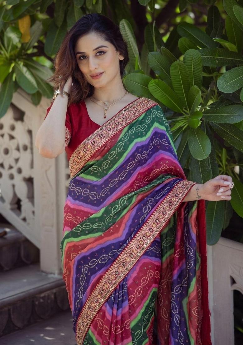 Multicolor Embroidered Silk Saree Set - Indya