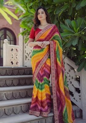 Multicolor Embroidered Silk Saree Set