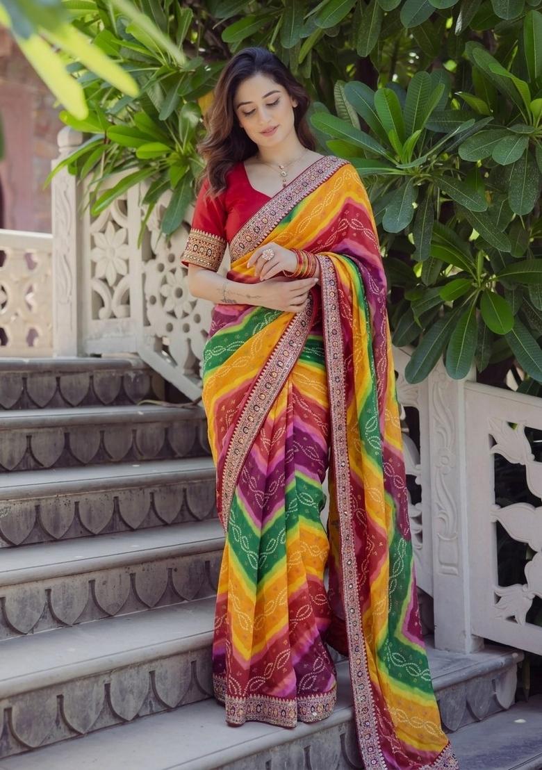 Multicolor Embroidered Silk Saree Set - Indya