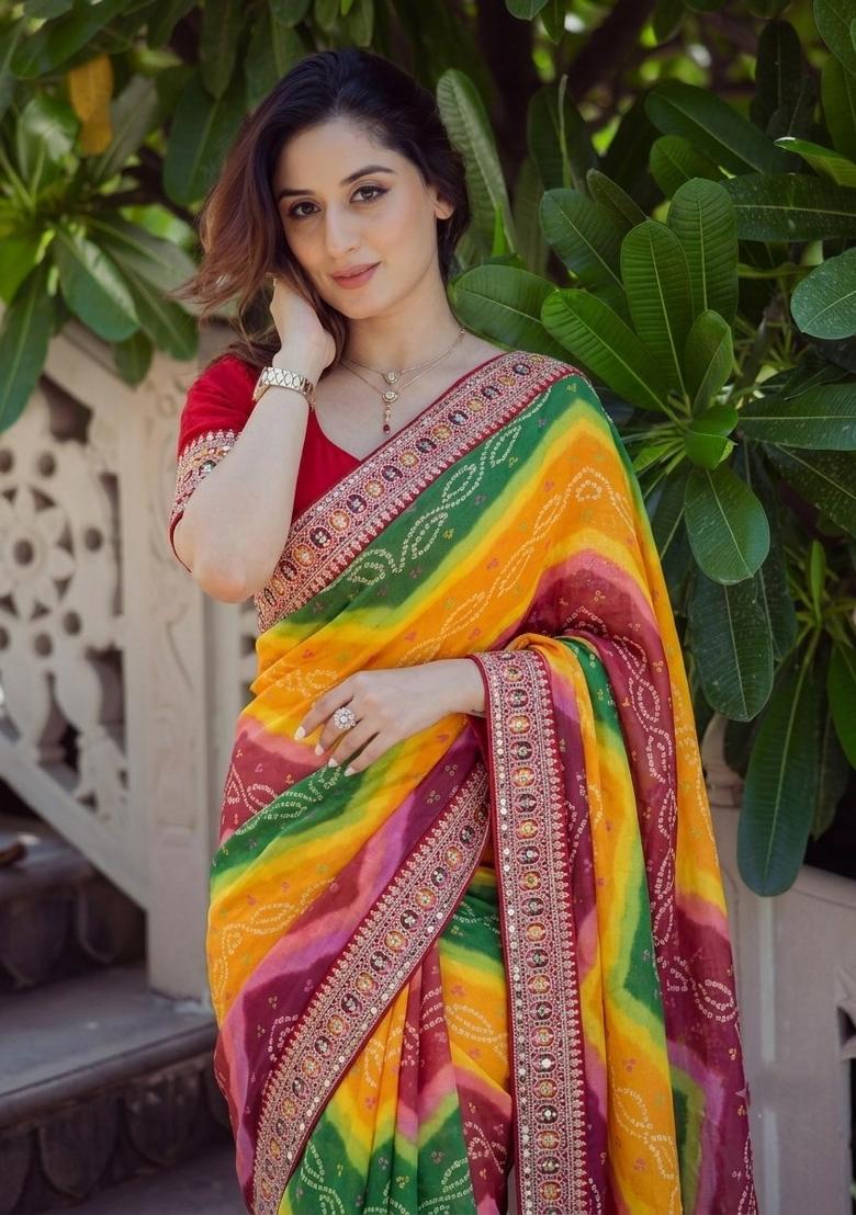 Multicolor Embroidered Silk Saree Set - Indya