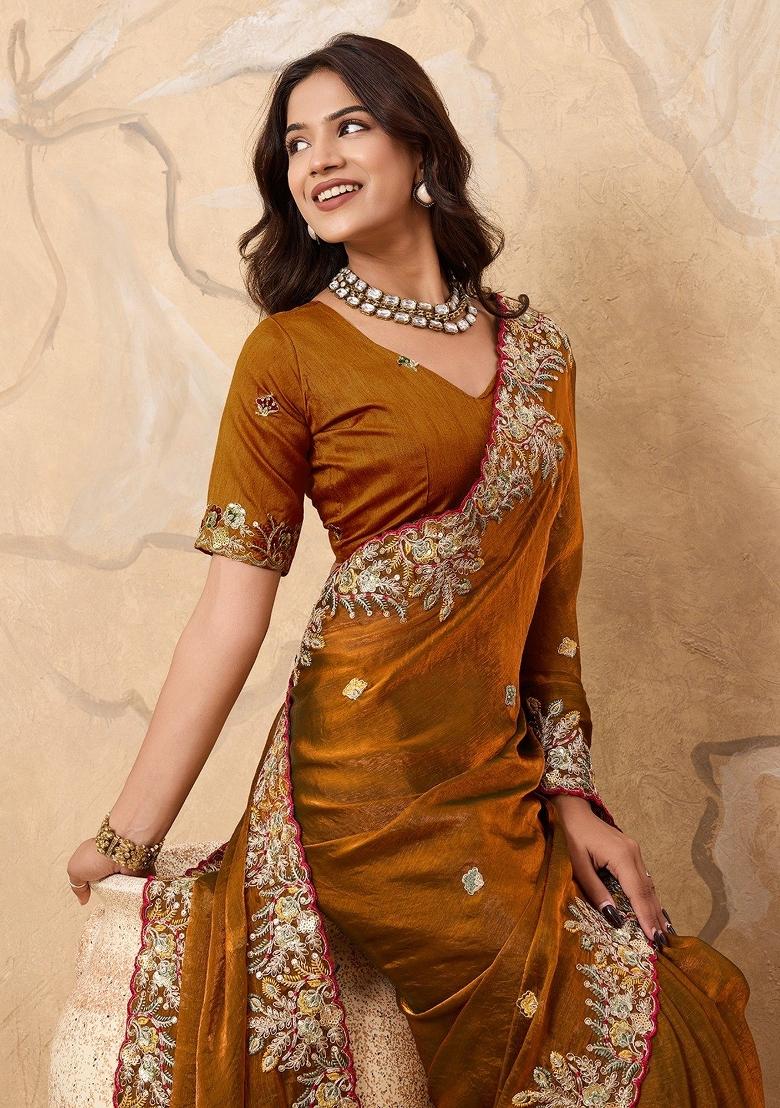 Mustard Embroidered Fendi Saree Set - Indya