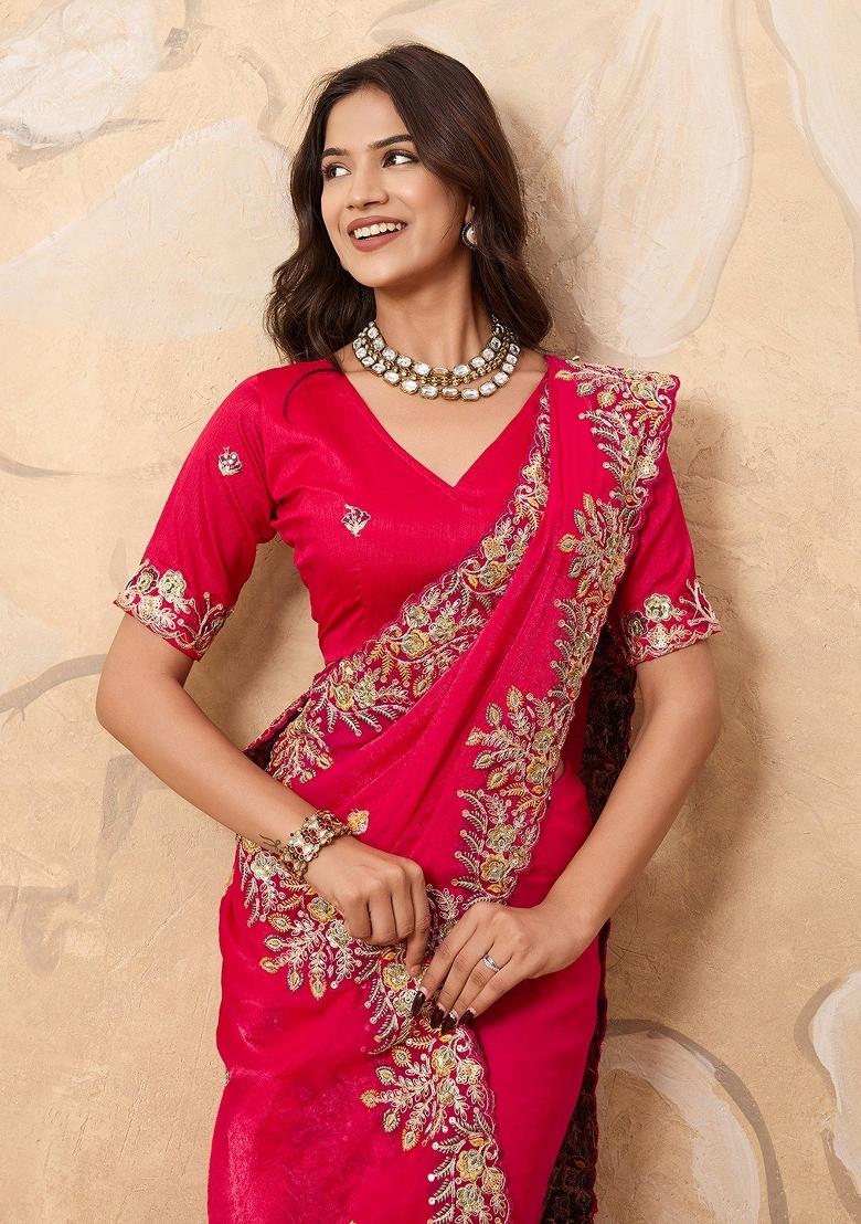 Pink Embroidered Fendi Saree Set - Indya