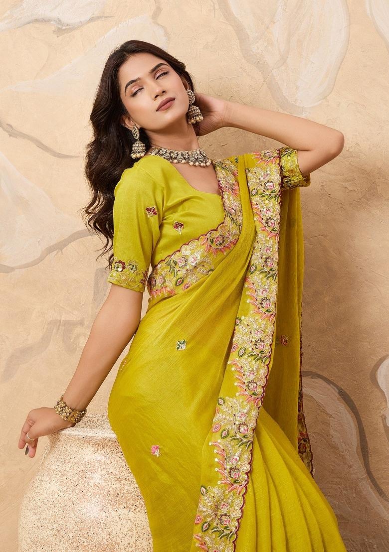 Yellow Embroidered Fendi Saree Set - Indya