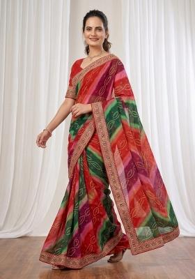 Red Embroidered Georgette Saree Set