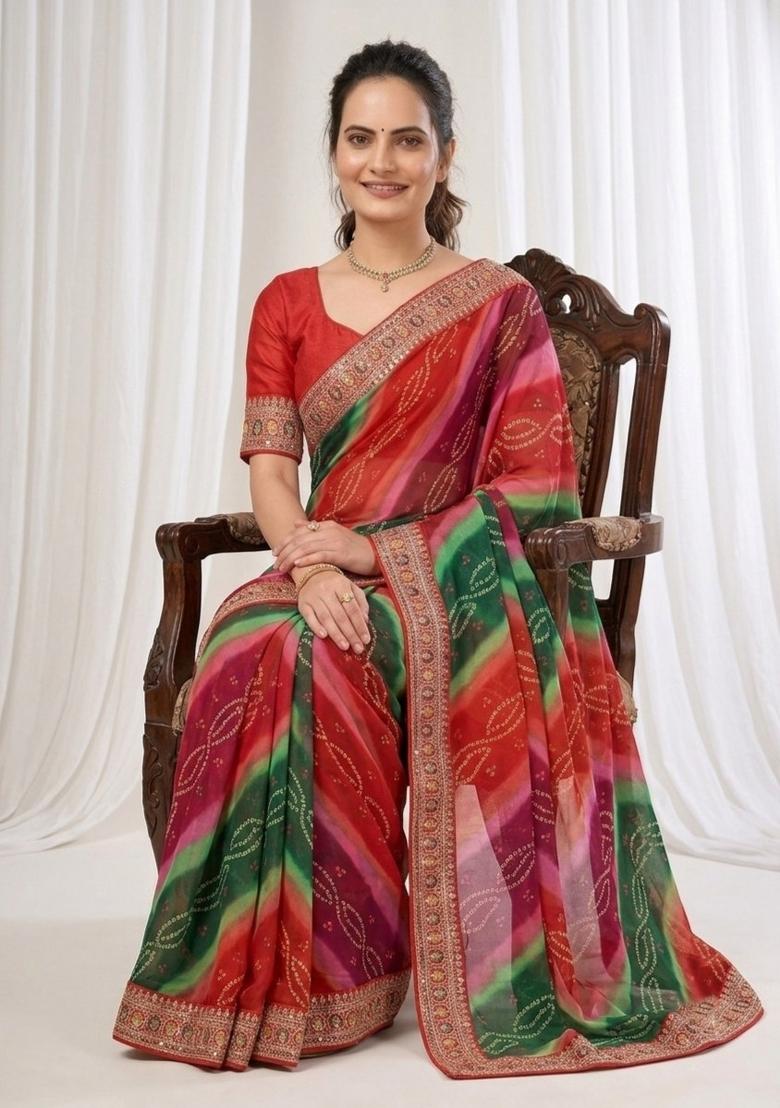 Red Embroidered Georgette Saree Set - Indya