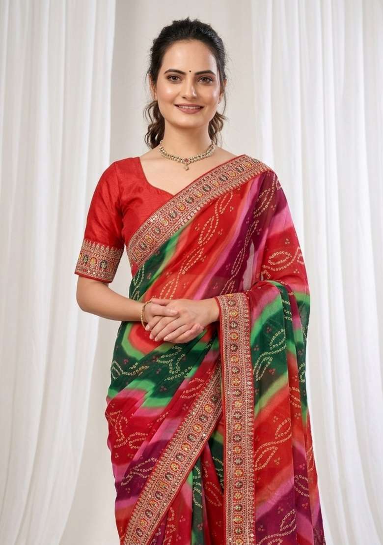 Red Georgette Saree Set with Embroidered for Diwali | Wedding & Festive Wear - Indya