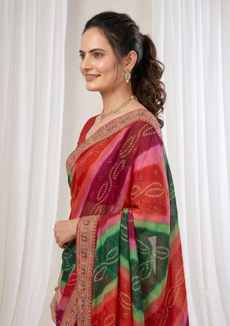 Red Embroidered Georgette Saree Set - Indya