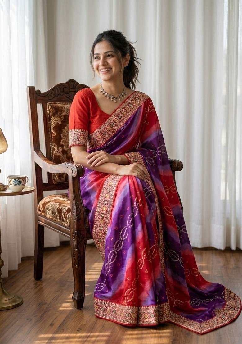 Red Georgette Saree Set with Embroidered for Diwali | Wedding & Festive Wear - Indya