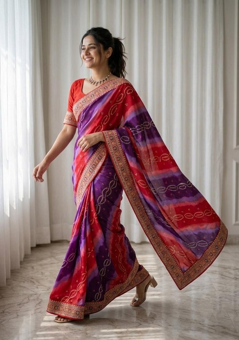 Red Embroidered Georgette Saree Set - Indya
