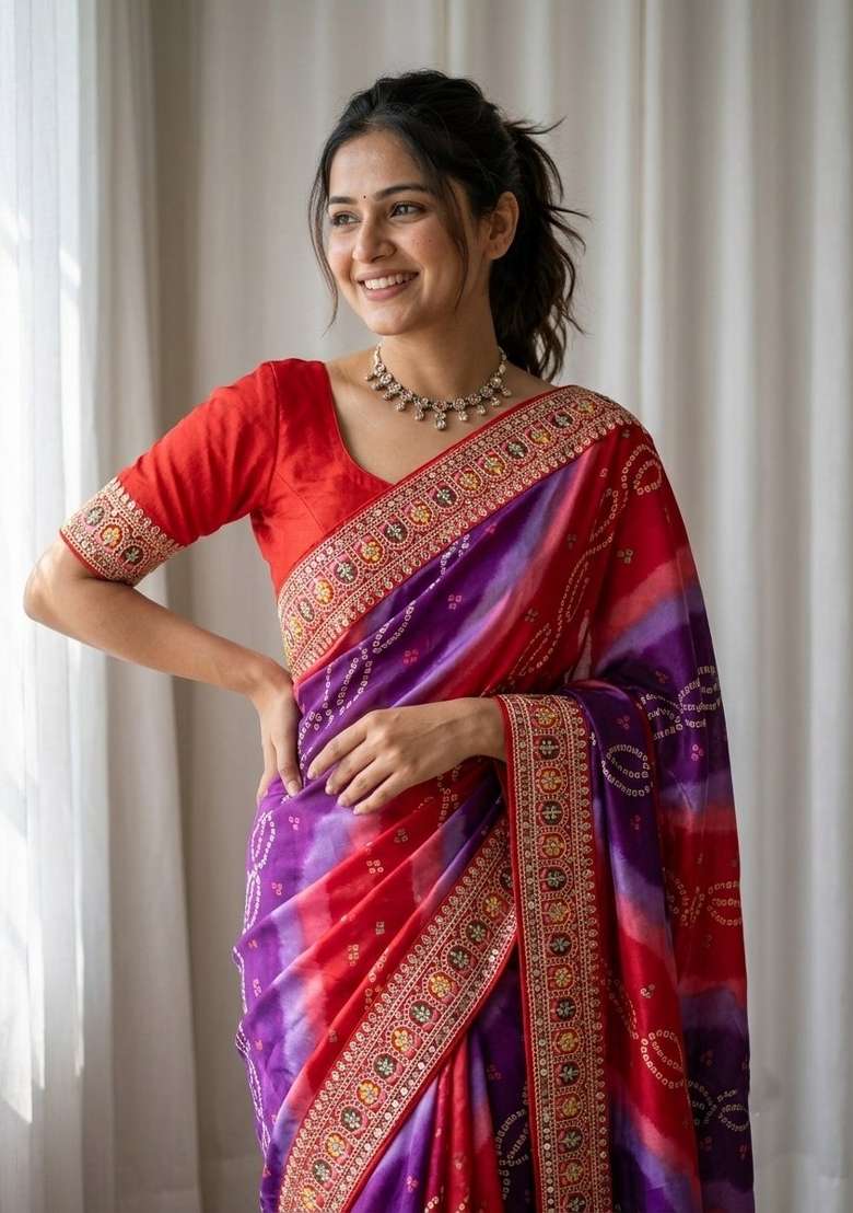 Red Georgette Saree Set with Embroidered for Diwali | Wedding & Festive Wear - Indya