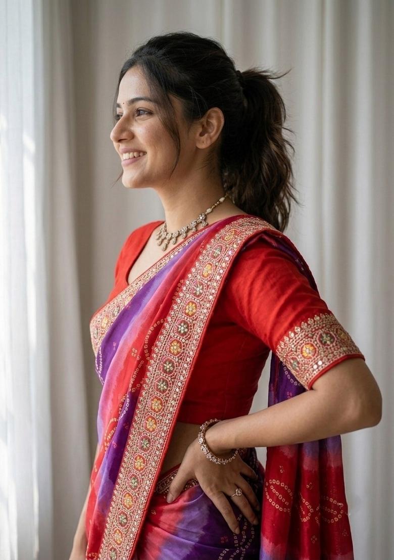 Red Embroidered Georgette Saree Set - Indya